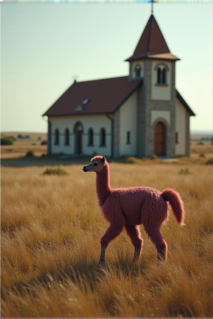 A vibrant pink llama strolls through a field near a picturesque church in a serene landscape.