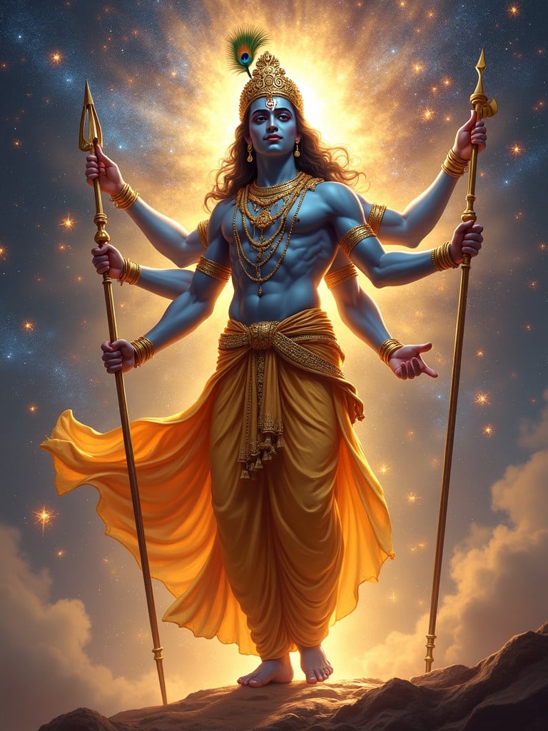 Digital artwork depicts Lord Krishna in his Vishwaroop form surrounded by divine light. Multiple arms hold weapons. Background features swirling galaxies and stars. He wears golden attire and a peacock crown.