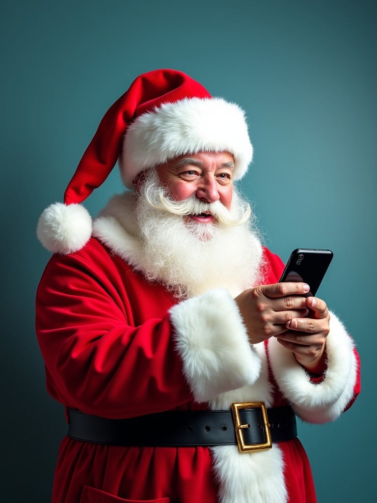 Santa Claus holds a mobile phone tightly. Santa wears a bright red suit with white fur trim. Santa has a jolly expression while looking at the screen. Message Sretan Božić displays on the phone.