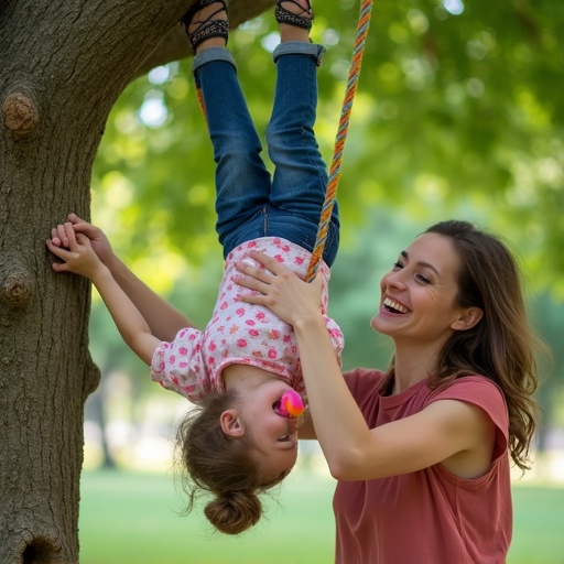 Mother holds her daughter upside down on a tree branch. The daughter hangs from a rope tied to her legs. The child has a large pacifier in her mouth.