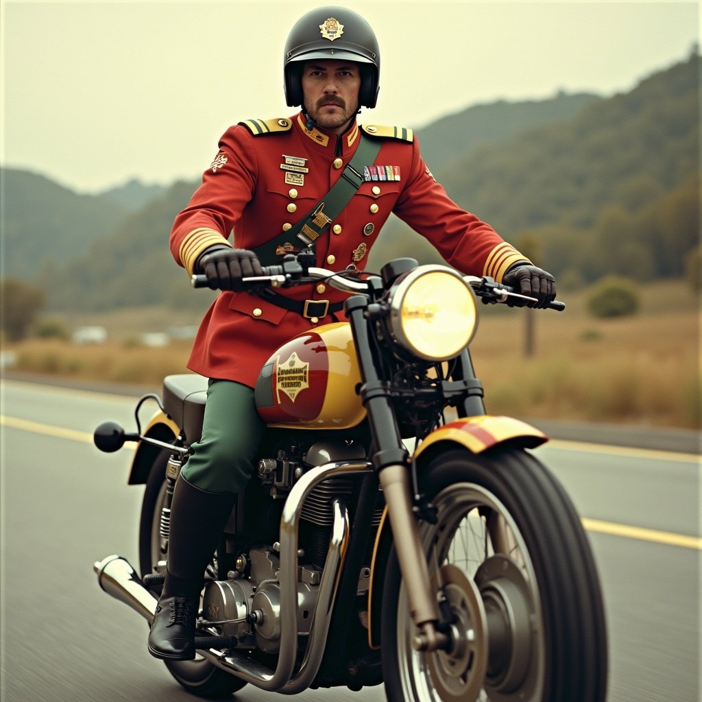 Image features a military officer in a vibrant red uniform riding a vintage motorcycle. The scene is set on a scenic highway surrounded by a hilly landscape. The officer's meticulously detailed outfit includes various insignia and decorations, suggesting a high rank. The motorcycle has a classic design with distinct features. Warm, moody lighting enhances the nostalgic atmosphere of the image.