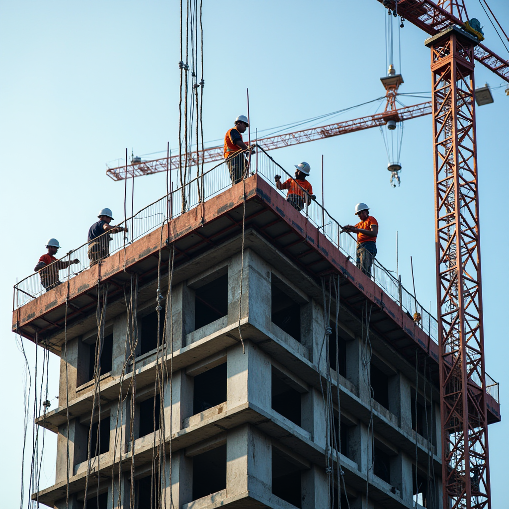 Construction workers in helmets and orange vests work atop a concrete building structure with cranes in the background.