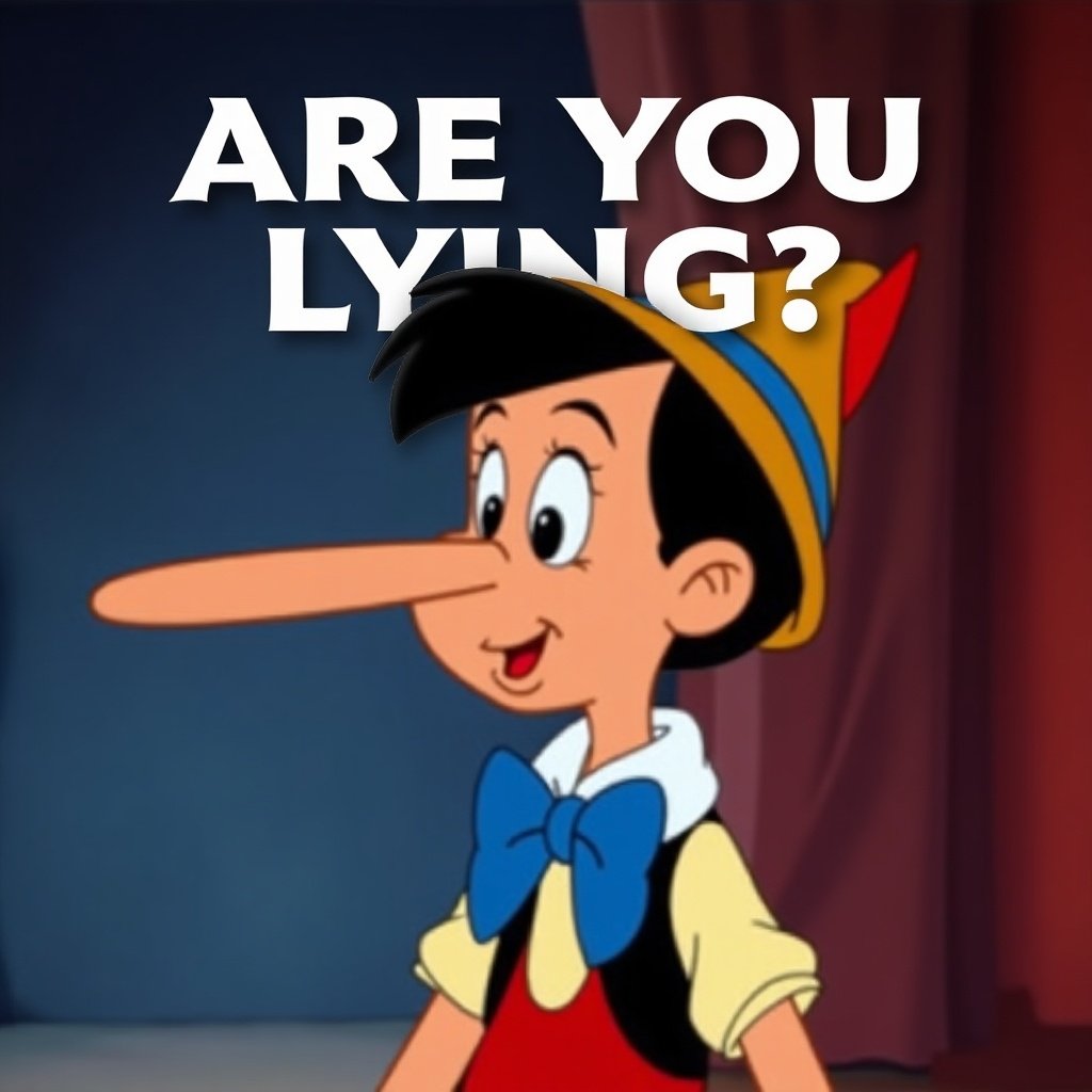 Text features a bold question. Background blends red and blue. An animated character with a long nose resembles Pinocchio.