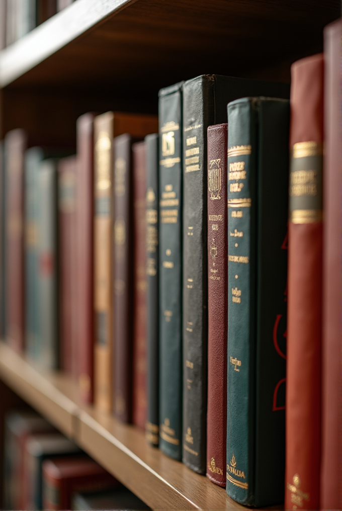 A close-up view of a wooden bookshelf filled with antique, leather-bound books with gold lettering.