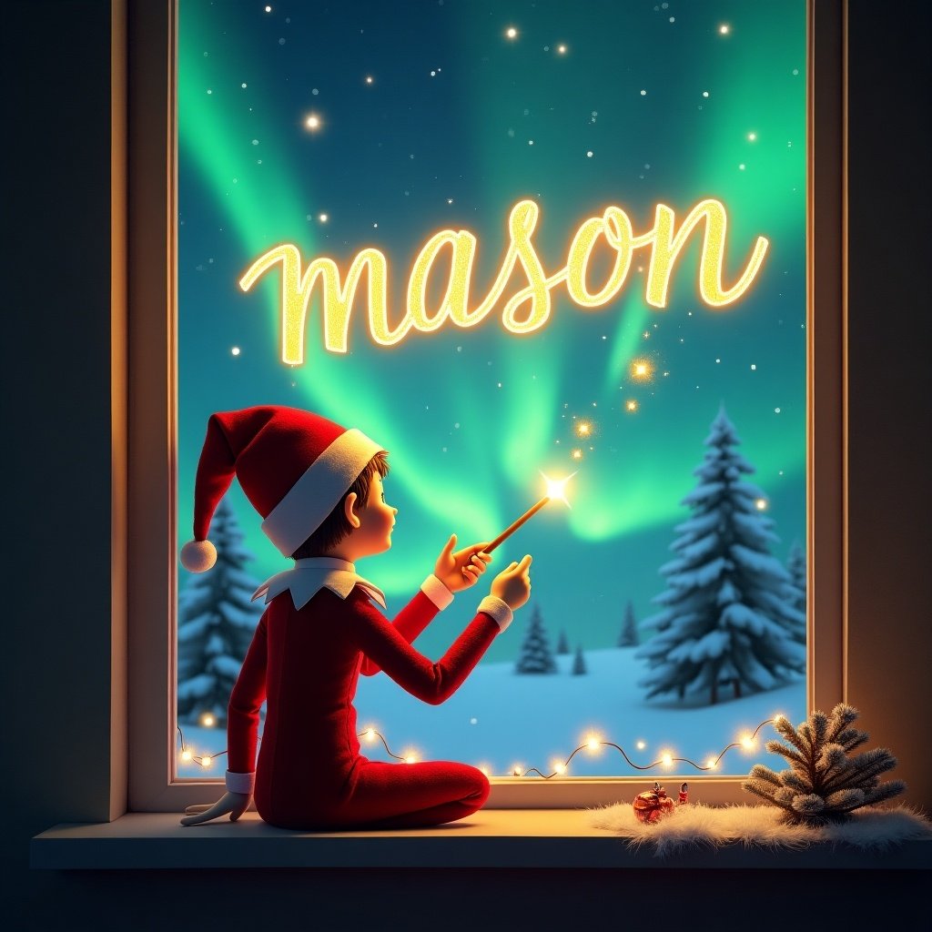 Enchanting Christmas scene depicting an elf on the shelf. Elf dressed in festive red and white. Sitting by a window with back to viewer. Using a magic wand to write 'mason' in glowing gold. Vibrant northern lights in backdrop enhancing magical ambiance. Conveys joyous spirit of Christmas with whimsical twist. Evokes wonder and excitement of the holiday season.