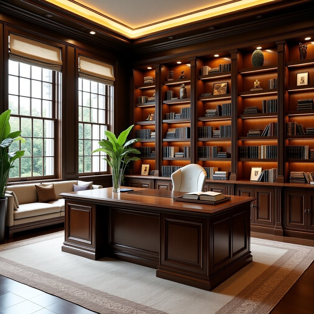 Elegant wooden office with a large desk and bookshelves. Soft lighting enhances the welcoming atmosphere, emphasizing the stylish decor and plants.