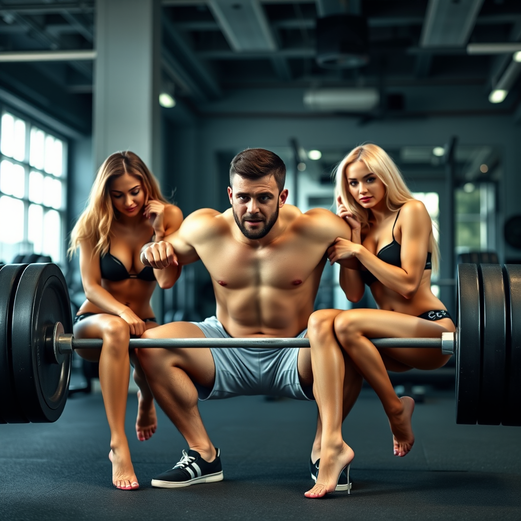 A muscular man holds a barbell in a gym with two women on either side, dressed in workout attire.