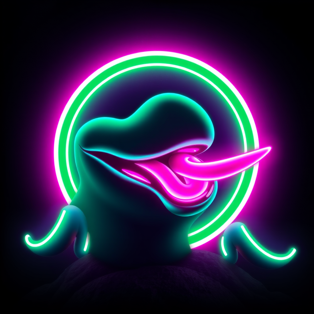 A neon-lit abstract creature with a stylized mouth and tongue, surrounded by glowing circles, set against a dark background.