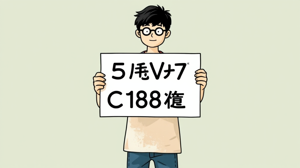 A cartoon person with glasses holds a sign with alphanumeric characters.