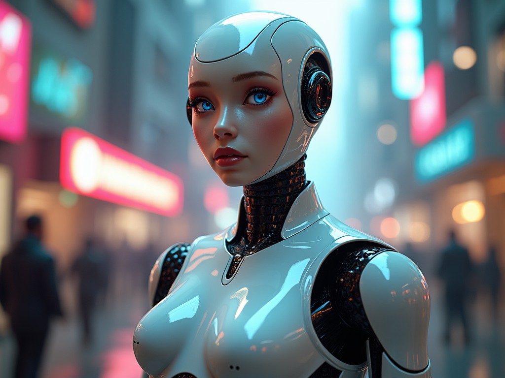 The image depicts a humanoid robot standing in a bustling futuristic city. Its smooth, reflective skin contrasts with the dark, indistinct figures in the background. The robot has striking blue eyes and an elegant, sleek design. Neon lights illuminate the surroundings, enhancing the high-tech atmosphere. The urban environment suggests a merging of humanity and technology.