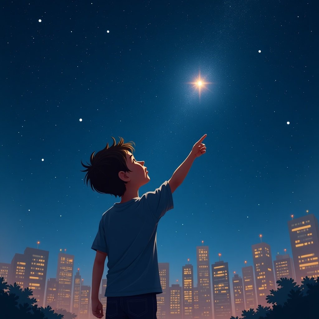 A child points at a bright star in the night sky. The background shows a dark city skyline. The scene is filled with stars.