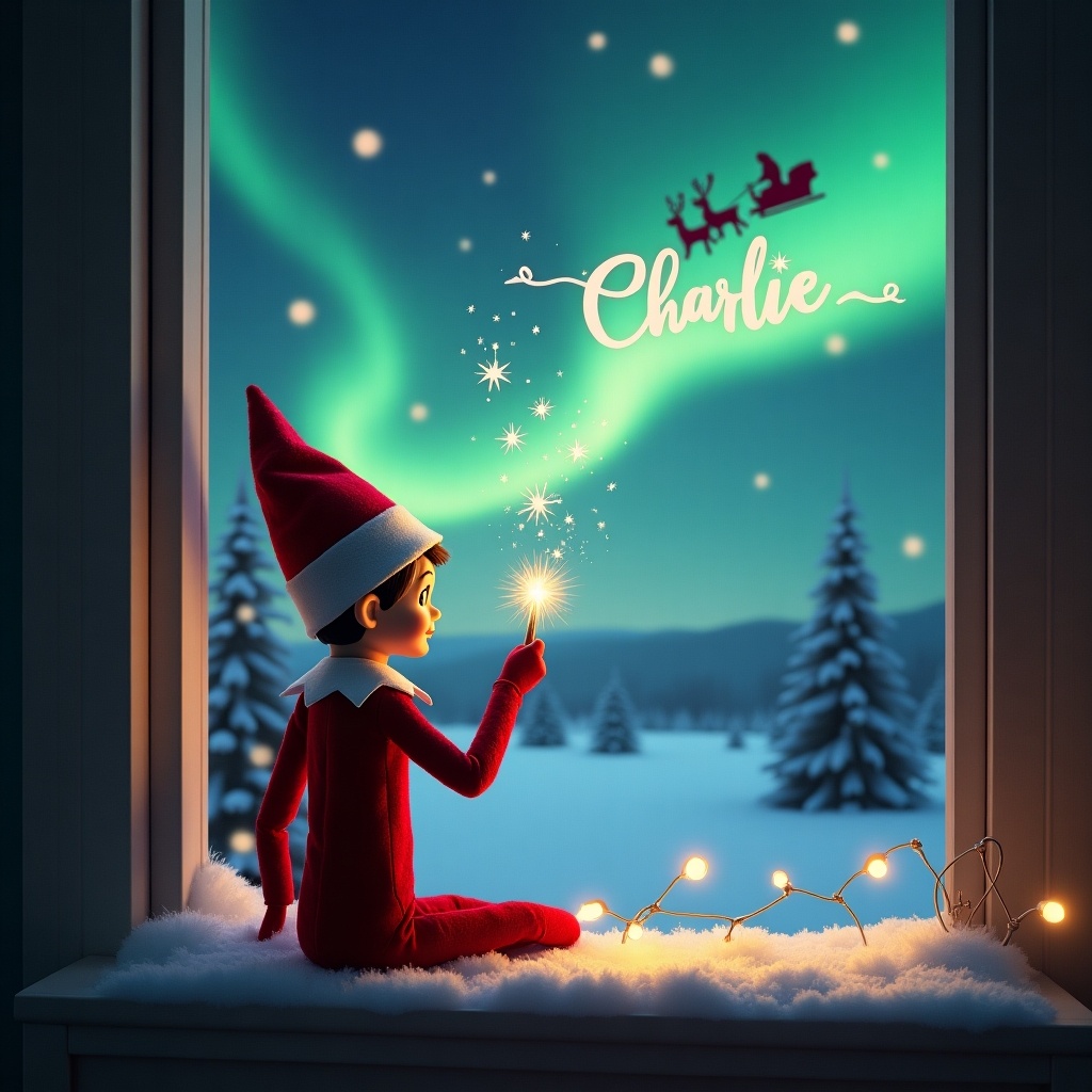 Enchanting Christmas scene with an elf on the shelf. Elf sits with back to viewers. Elf gazes upwards. Wand writes name 'Charlie' in night sky. Background with beautiful northern lights. Distant image of Santa Claus. Snow covers the ground.