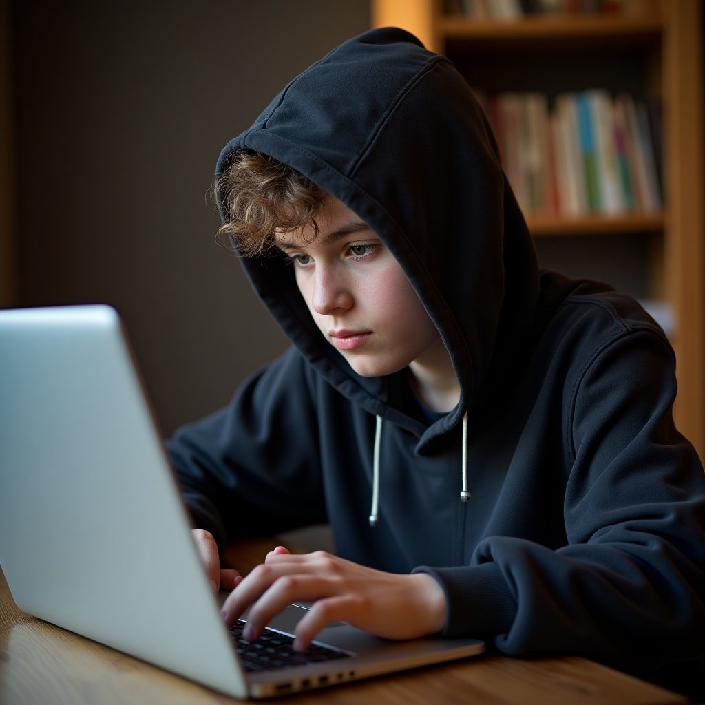 Teenage boy wearing a black hoodie is concentrating while working on a laptop. The setting is a cozy indoor environment with books in the background. The boy is focused on the screen and the lighting is soft and natural.