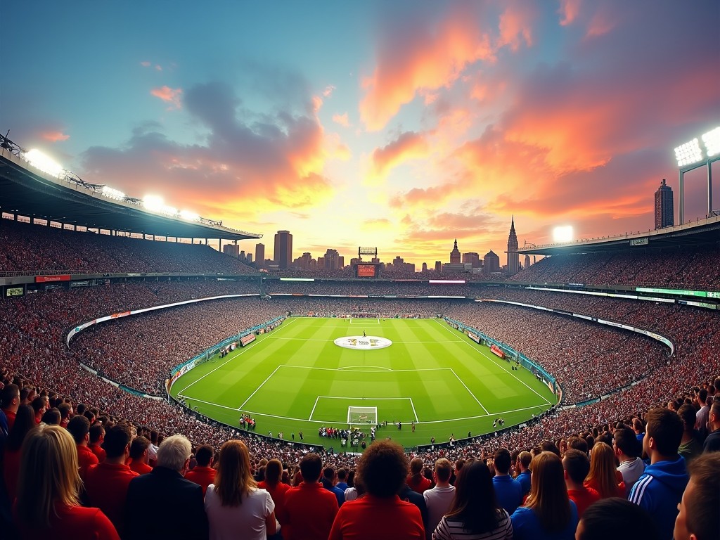 The image depicts a vibrant football stadium filled with enthusiastic spectators. Fans are gathered to watch a thrilling game happening on the lush green field. The stadium is surrounded by a stunning cityscape, showcasing tall buildings against a colorful sunset sky. The atmosphere is electrifying, with the crowd visibly engaged and excited. Bright lights from the stadium add to the lively ambiance, creating a perfect blend of sports and urban beauty.