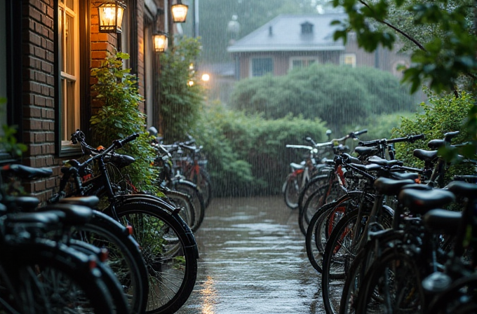 Bicycles are parked along a narrow alleyway, with rain falling softly over them.