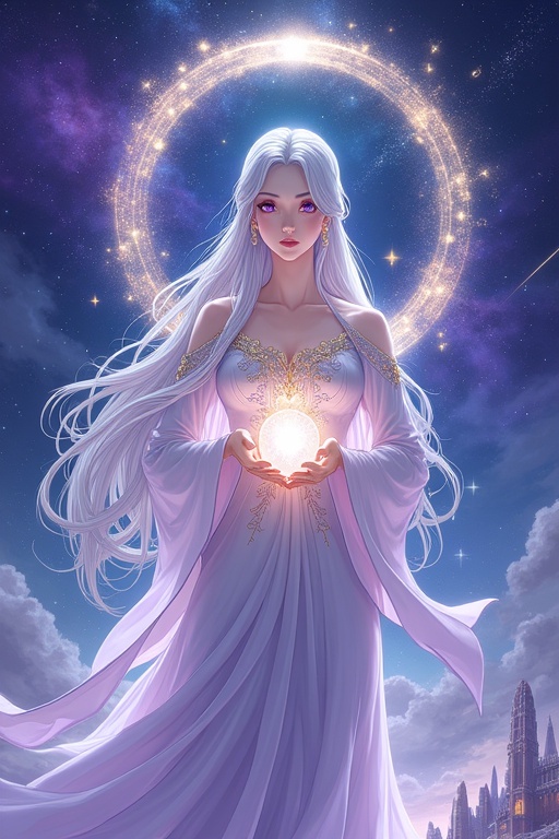 Celestial sorceress stands proud. Long silver hair flows down in moonlit waves. Violet eyes shine with wisdom. Wearing a flowing white and lavender robe with golden constellations. Translucent fabric billows like stardust. Celestial ring above pulsates. Surrounding gemstones orbit while shooting stars streak by. Ethereal nebula in royal purples and sapphire blues. Crystalline spires fade into mist. Cradles a radiant orb of starlight. Soft glow casts delicate shadows. A blend of anime and fantasy realism. Studio Ghibli inspiration meets Final Fantasy details. Majestic tranquility radiates from her stance surrounded by galaxies.