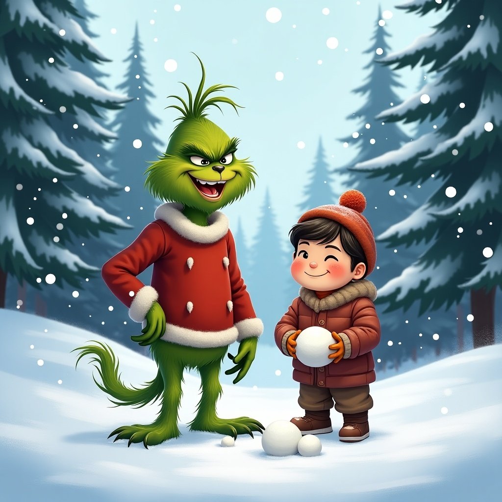 The Grinch character interacting with a child in a snowy setting. Snow-covered trees surround them.