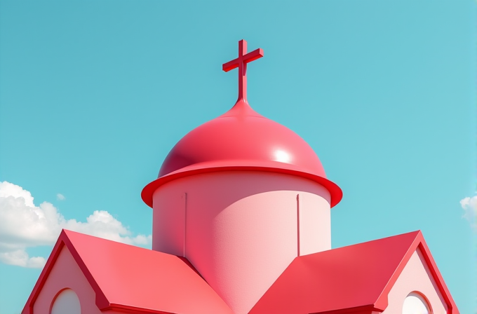 A bright pink church dome with a cross on top stands under a clear, blue sky.