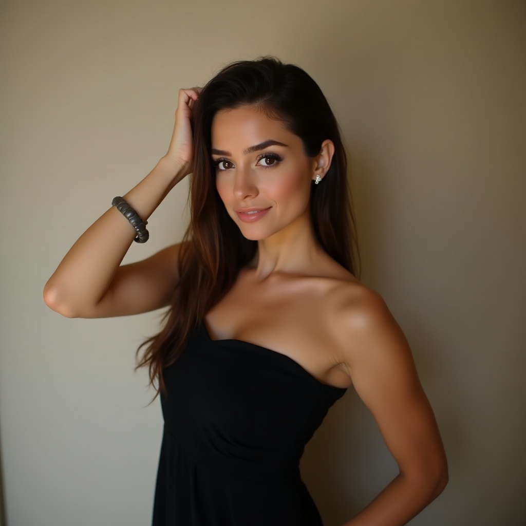 Elegant woman in black dress poses against neutral background. Gaze directed forward while touching hair. Soft lighting creates warm tones. Smooth fabric texture enhances composition.