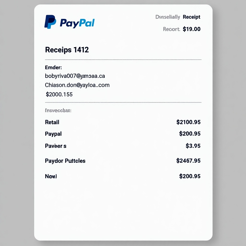 Receipt showing payment details. PayPal branding visible. Includes email addresses and transaction amounts.