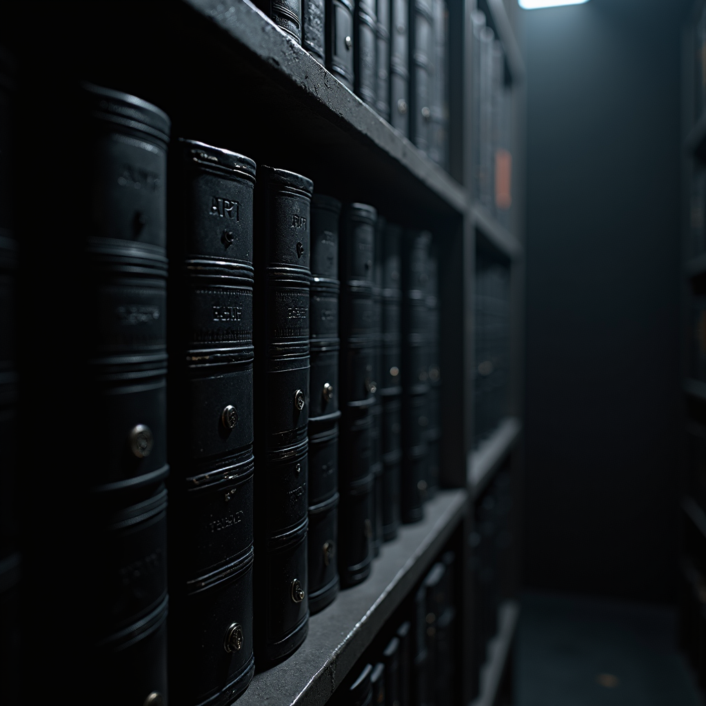 A dimly lit library aisle with rows of dark leather-bound books.