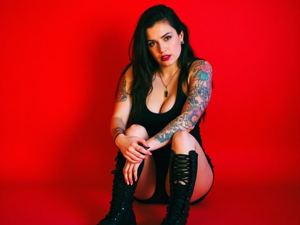 A woman with dark hair and tattoos sitting against a bright red background in a black outfit and boots, looking at the camera. The tattoos on her arms are colorful and distinct, creating a contrast with the red background.