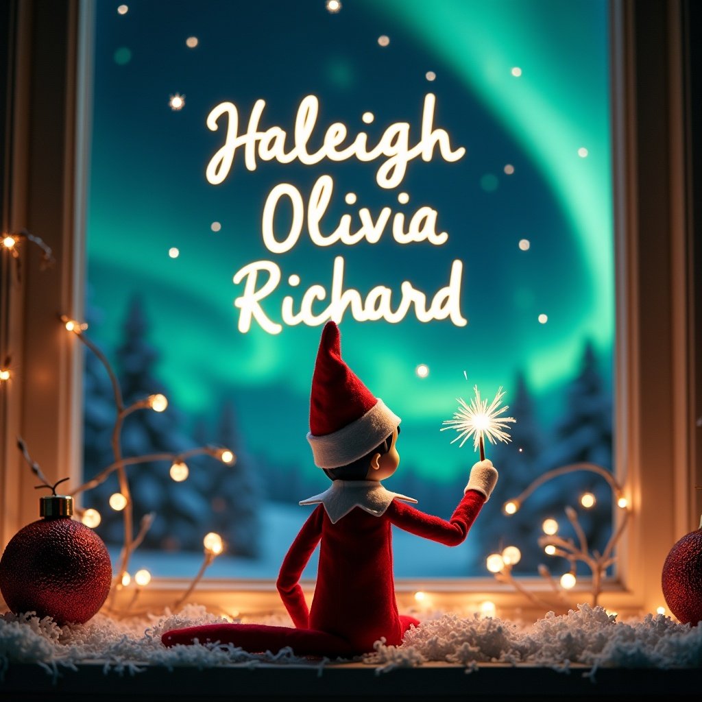 An enchanting Christmas scene is depicted with an elf on the shelf. The elf is positioned facing the sky, with its back to the viewer. Dressed in traditional red and white, the elf holds a magic wand that writes names in glowing script. The backdrop features beautiful northern lights creating a whimsical atmosphere. The scene embodies the joy of the holiday season with a touch of magic and wonder.