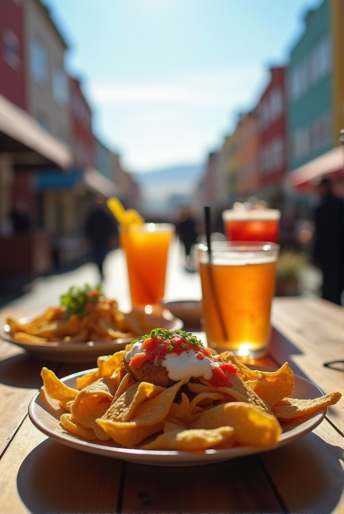 The image shows a plate of chips topped with salsa and sour cream, accompanied by refreshing drinks on a sunny outdoor table.