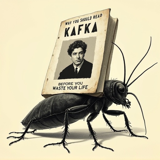 Surreal illustration with large cockroach and book. Book titled 'Why You Should Read Kafka Before You Waste Your Life'. Vintage black-and-white photograph of young man in suit on cover. Exaggerated cockroach features. Dark humor literary theme. Light-colored background.