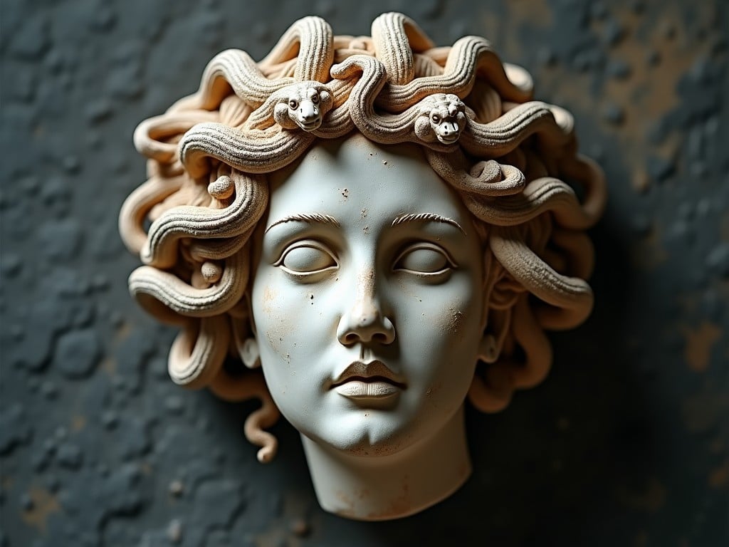 Create a digital artwork of Medusa's head with detailed snake hair, inspired by Greek mythology, in a realistic style with a neutral color palette.