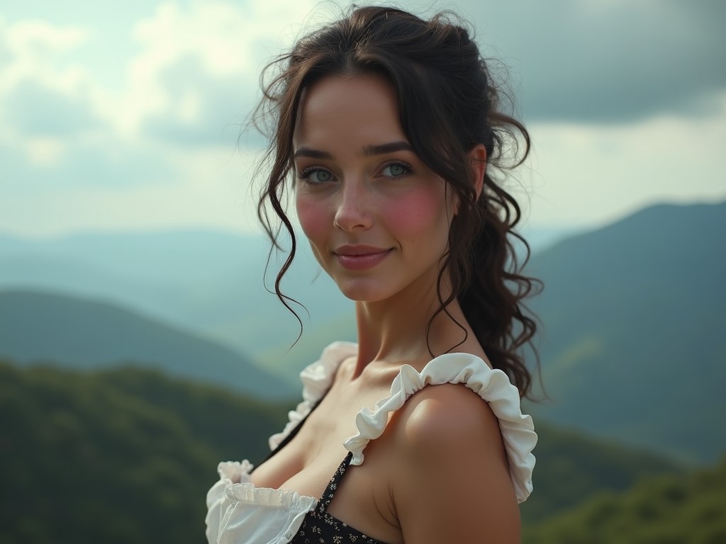 A young woman with wavy dark hair, wearing a ruffled top, stands against a backdrop of rolling green hills and a cloudy sky, smiling gently.