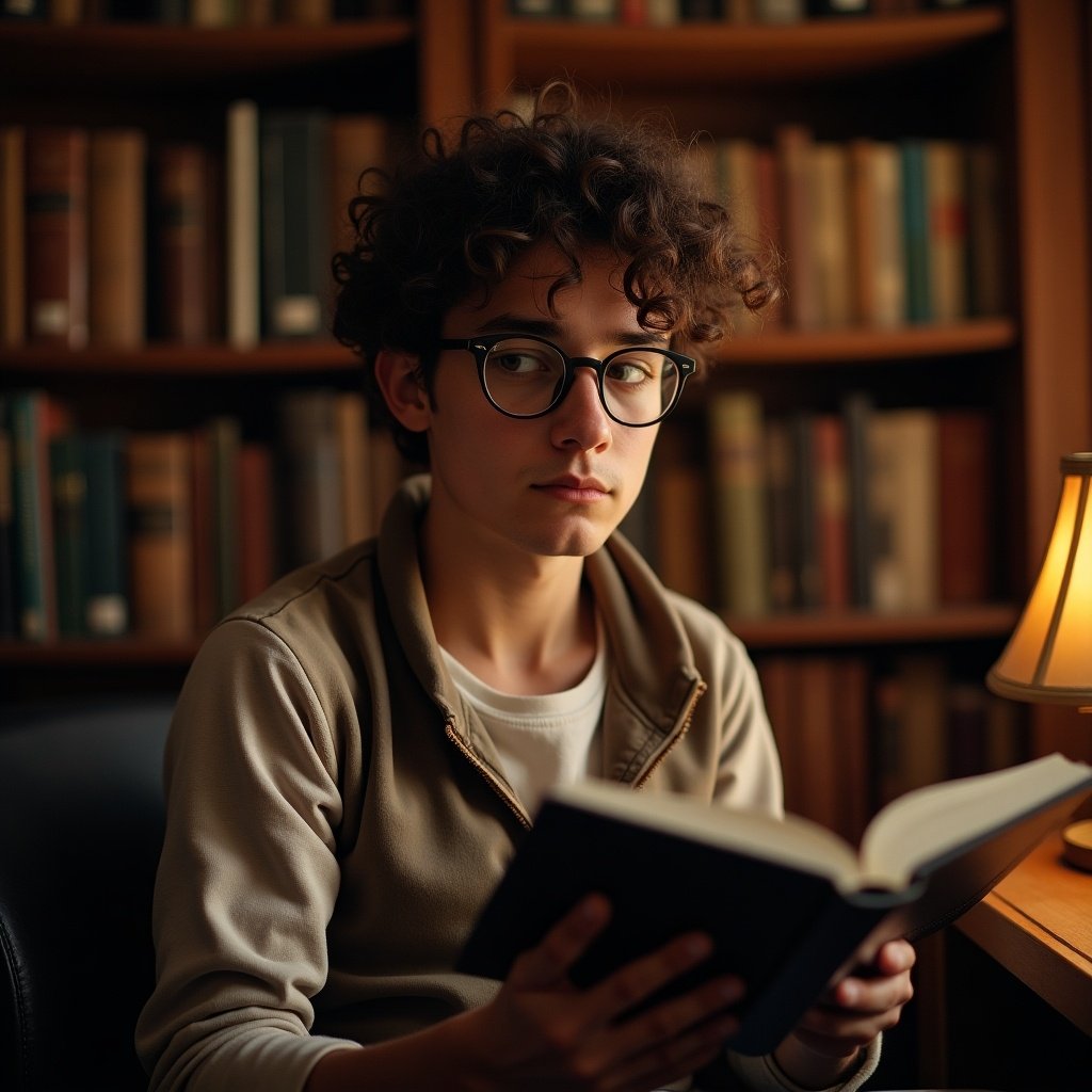 A teenager with curly hair and glasses is sitting in a cozy library, deeply engrossed in reading a book. The warm light from a nearby lamp creates a comforting atmosphere. Behind them is a wall filled with books, adding to the intellectual vibe of the setting. The young person's serious expression suggests they are lost in thought or contemplation. Their casual outfit contrasts with the scholarly environment, making the scene inviting and relatable.