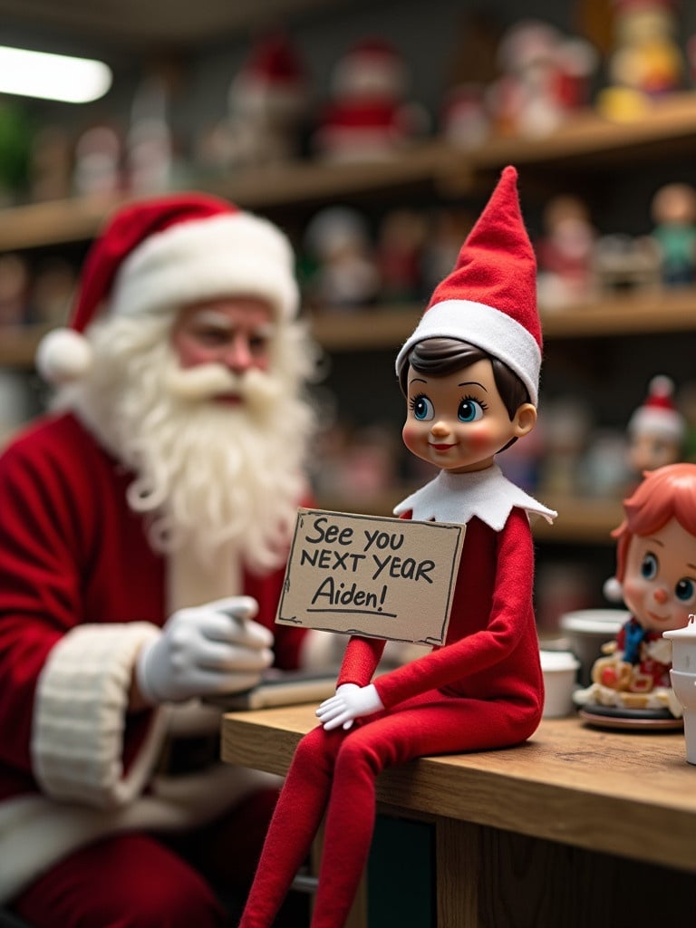 Elf on the shelf in red outfit with white trim holding a sign saying See you next year Aiden sitting with Santa in a toy workshop background Funko Pops being made