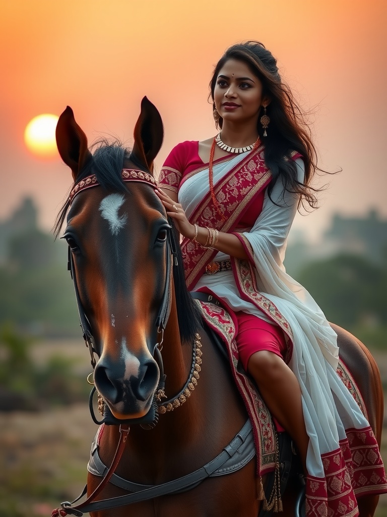 This image captures a woman in traditional attire riding a majestic horse, set against a vibrant sunset. The woman, clad in a red and white saree with ornate jewelry, exudes grace and poise. The golden glow of the setting sun creates a warm and serene atmosphere, highlighting the contrast between the subject and the blurred, natural background.