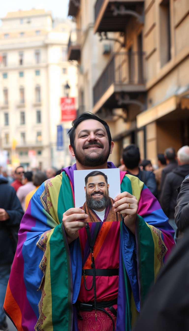 A smiling person in a vibrant rainbow shawl holds a portrait of another similarly smiling person, set against a bustling city street.