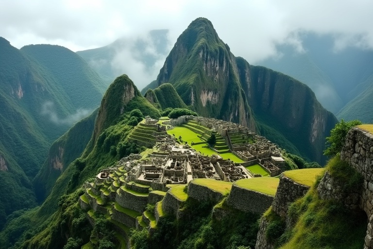 A breathtaking landscape view of an ancient stone city displaying intricately engraved temples. The city atop a misty mountain is surrounded by lush jungle and features terraced ruins. The atmosphere is enchanting reminiscent of a lost civilization like the Incas.