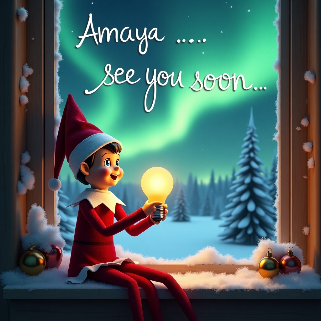 Cheerful elf is sitting by a window during winter. The elf admires stunning northern lights outside. Elf holds bright light bulb with excitement. Window ledge has snow and holiday ornaments. Outside, snow-covered trees create a magical winter landscape. Handwritten text in sky says 'Amaya - see you soon.'