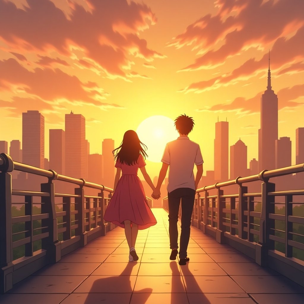 This image depicts a young couple walking hand in hand during sunset in a beautiful anime setting. The warm golden glow of the sun creates a romantic atmosphere. Tall skyscrapers rise in the background, silhouetted against a vividly colored sky. The couple's leisurely stroll along the walkway symbolizes love and companionship. This scene captures the essence of romance in an urban environment.