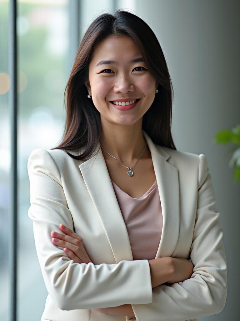 Image of a professional woman in a business setting. She has long hair and is wearing a blazer. The photo is taken indoors with soft lighting and a blurred background suggesting a corporate environment. She stands confidently with arms crossed, conveying professionalism and determination.