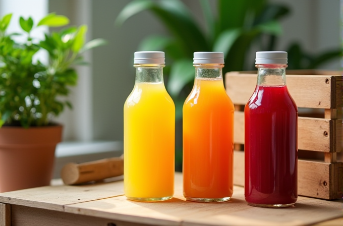 Three glass bottles filled with yellow, orange, and red juices are placed on a wooden surface next to green plants.