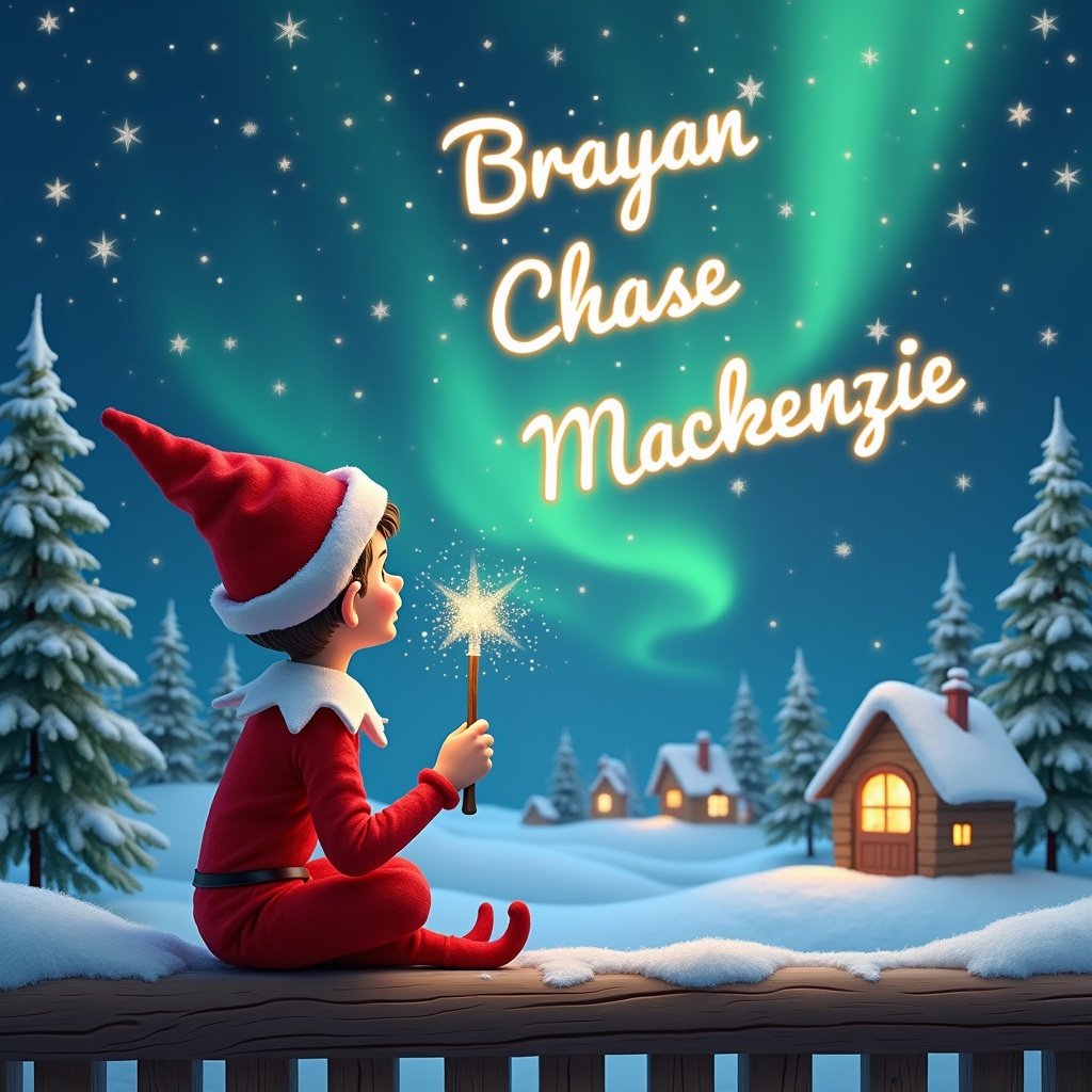 An elf sits on a wooden ledge with its back to the camera, gazing at a magical sky. The elf, dressed in a red outfit with a pointed hat, holds a sparkling wand. The background features a snowy landscape with charming little houses and evergreen trees under the shimmering Northern Lights. This whimsical scene captures the essence of childhood magic and Christmas cheer. The elf elegantly writes the names 'Brayan', 'Chase', and 'Mackenzie' in the starry sky.