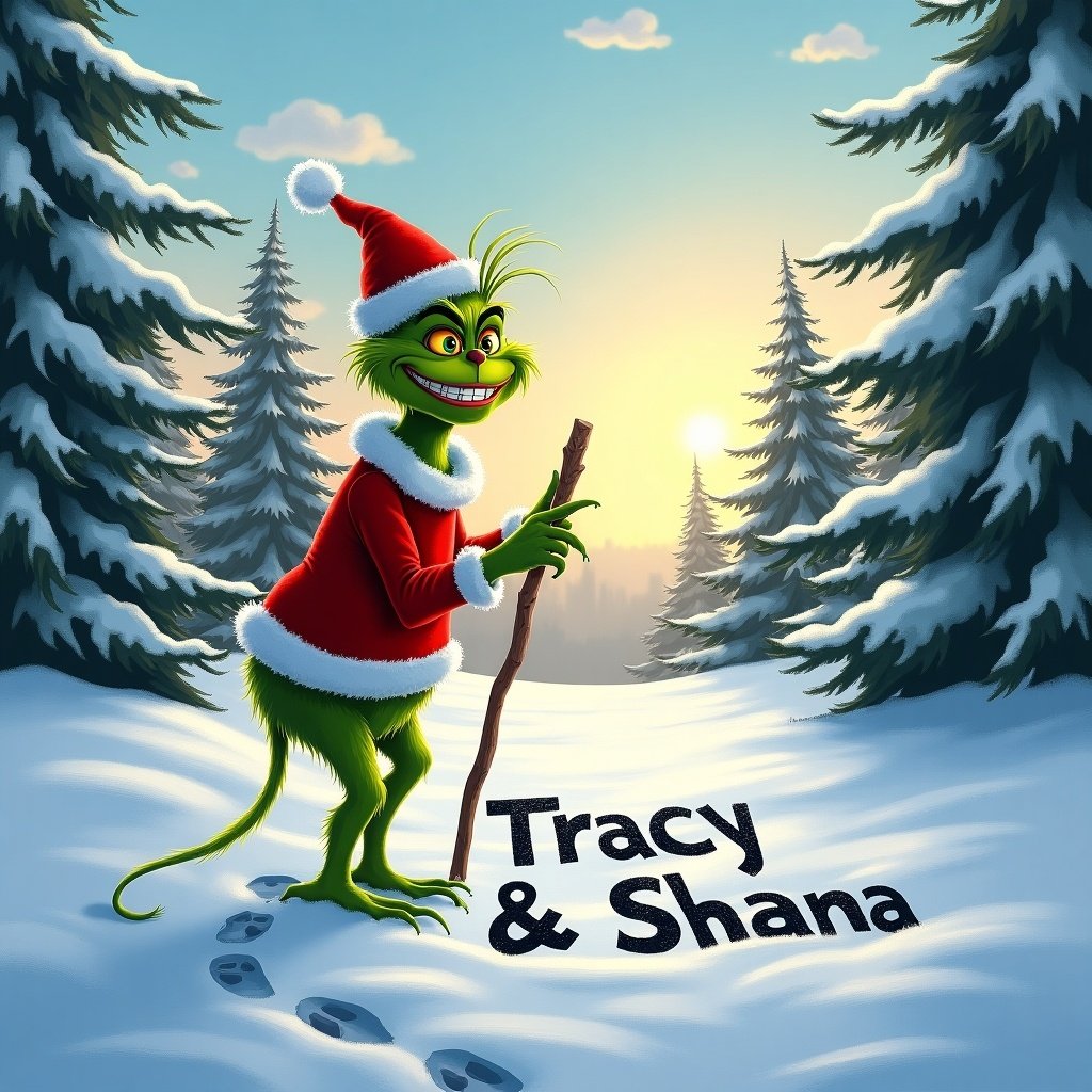 The Grinch is writing Tracy & Shana in the snow with a cheerful expression. He wears a Santa hat and a red coat. Snow-covered evergreen trees surround him in a bright winter setting.