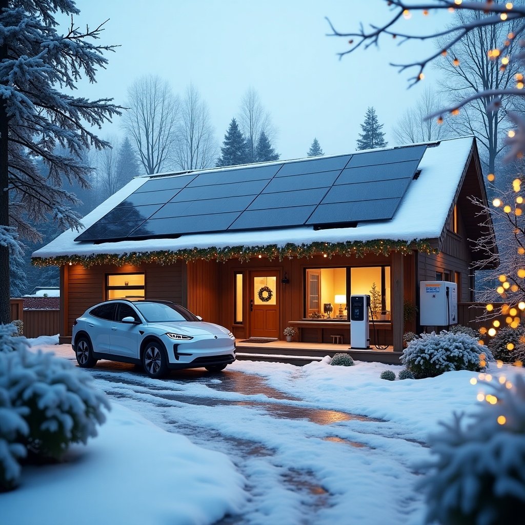 A house with solar panels an electric vehicle charger and a heat pump during a snowy winter. The home is decorated for Christmas with lights and the driveway is clear of snow. A white electric vehicle is parked beside the house. Trees are lightly frosted with snow. Soft lighting gives a cozy atmosphere.