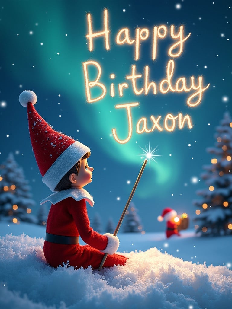 An elf sits in a snowy landscape. The elf gazes upwards holding a wand. The elf writes 'Happy Birthday Jaxon' in the night sky. Northern lights shimmer in the background. A distant Santa Claus figure appears. Snow blankets the ground, creating serenity.