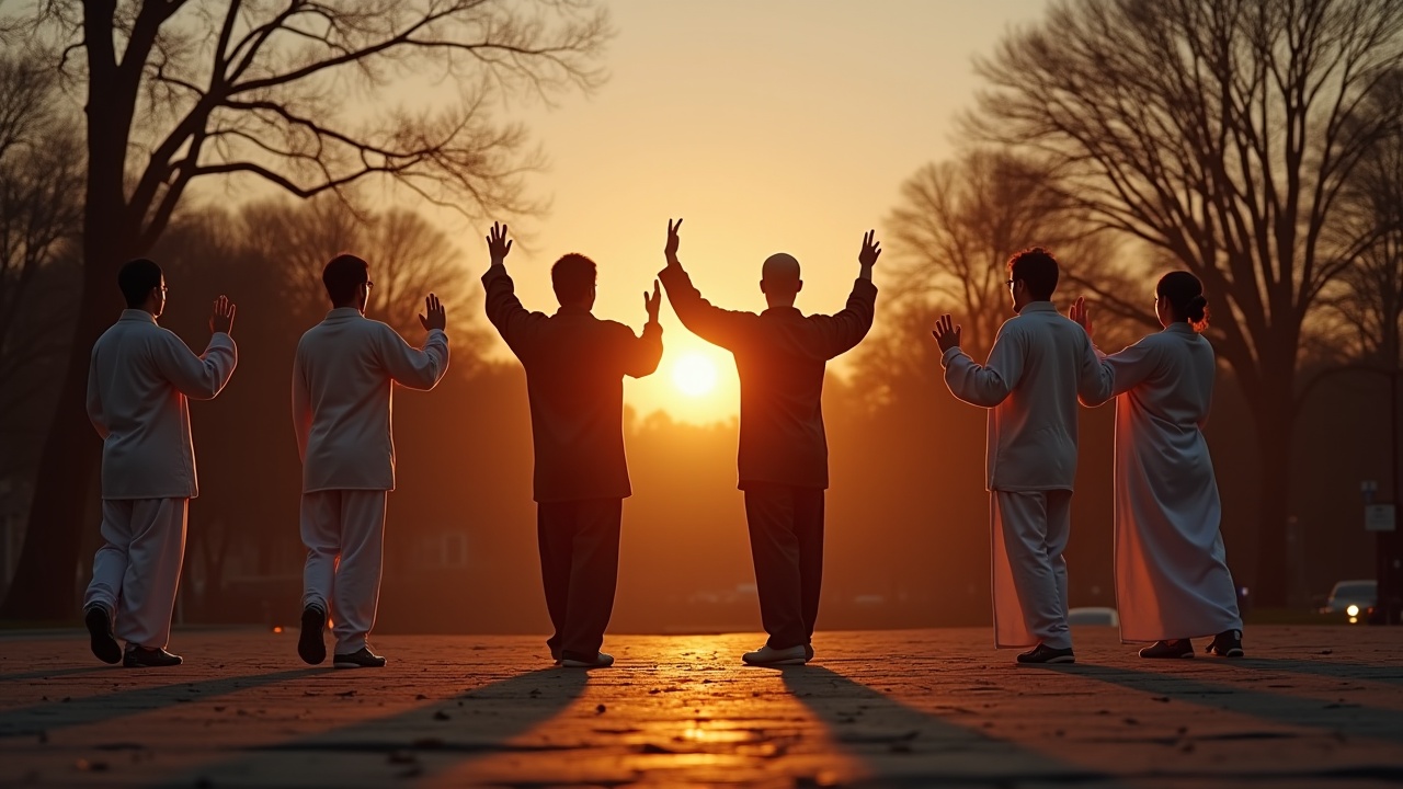 Cinematic image showing diverse Tai Chi practitioners performing in Central Park. Each has a different posture from the five family styles. Some face camera. Bright moon. Magic hour light. Hyper-realistic image.