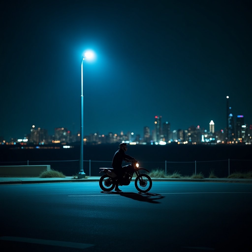 Nighttime city skyline with a street light illuminating the road. A black Surron E-dirtbike on the road. Moody blue lighting. Intimate and dreamy atmosphere. A cinematic perspective with a vast night sky.