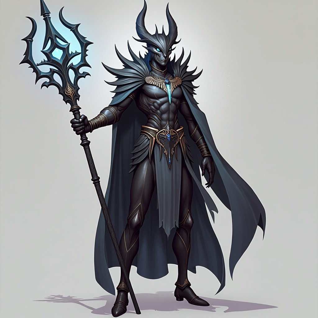 Character design featuring a powerful being with dark armor and a glowing staff. The character has a strong and majestic pose, showcasing elements of magic and fantasy.