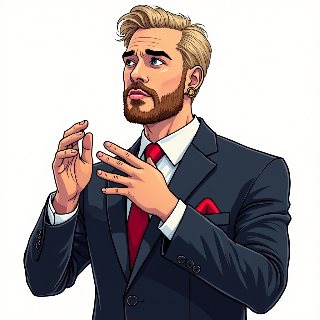 Drawing in comic style depicting a 35-year-old blond man in a stylish suit. The man shows hand gestures together. He adjusts his red tie in a darker suit with a gold earring. The background is white, creating a clear focus on the subject.