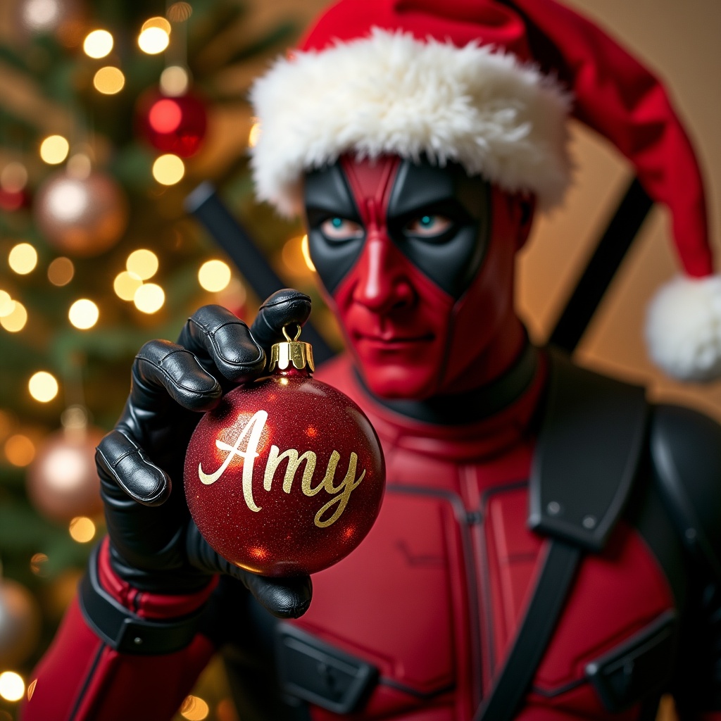 Deadpool in a Christmas outfit. Holding a red bauble with the name Amy. Background features a decorated Christmas tree.