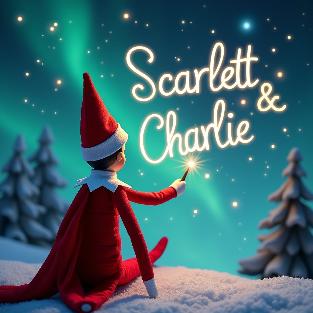 An elf on the shelf turns its back to the viewer, gazing up at the sky. The elf is using a sparkling magic wand to inscribe the names Scarlett and Charlie in bright, glowing letters among the stars. The background features a magical Christmas landscape highlighted by vibrant northern lights. Snow-covered trees can be seen in the foreground, enhancing the enchanting winter scene. The atmosphere is filled with holiday cheer and wonder.